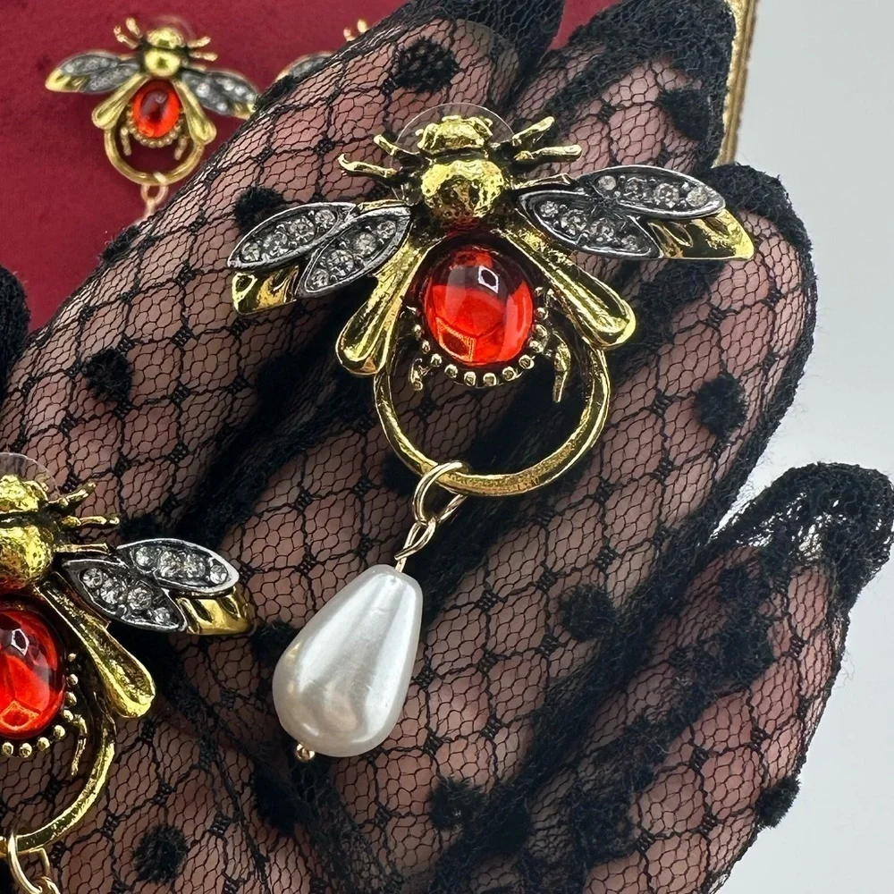 Vintage Luxury Honeybee Gold Red Pearl Drop Earrings